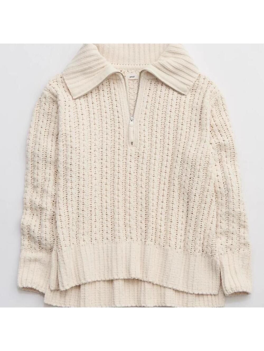 Aerie Cable Car Quarter Zip Chunky Sweater In Toasted Coconut Cream Women’s XS - Picture 13 of 15